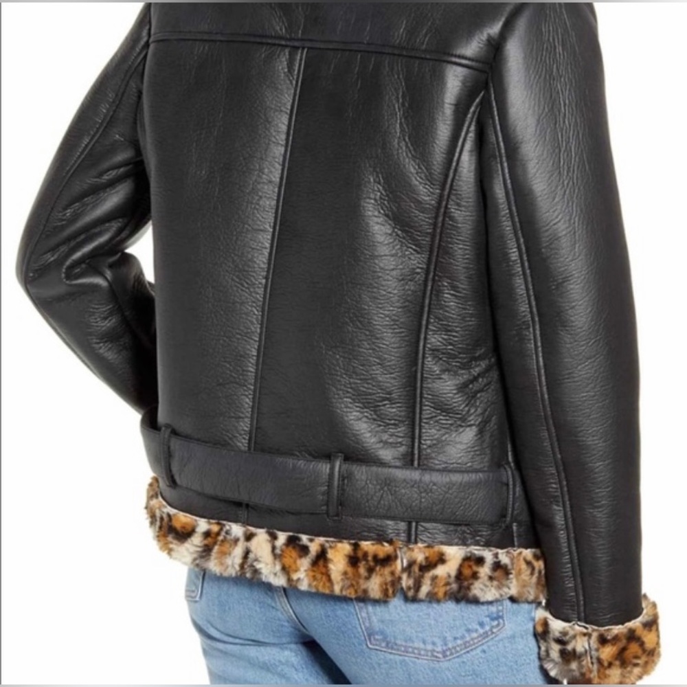 Sam Edelman Black Faux Leather Jacket with Leopard Trim - Picture 3 of 10